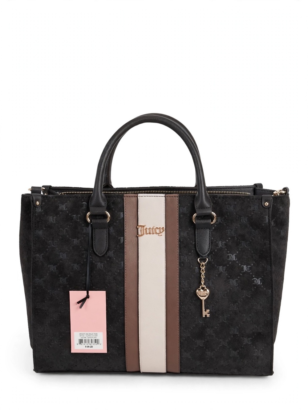 Juicy Couture Black Suede Satchel with Brown and Cream Center Stripe